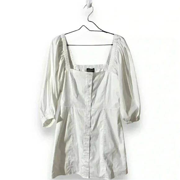Danielle Bernstein NWT White Puff Sleeve Button Down Square Neck Mini Dress - Picture 3 of 16